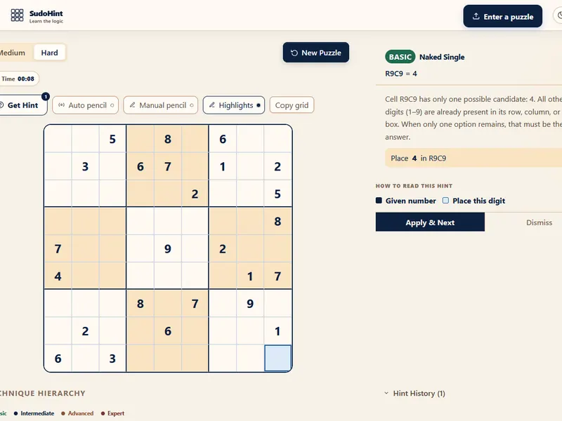SudoHint - Client-side Sudoku learning app with hints, image import, OCR review, and candidate notes